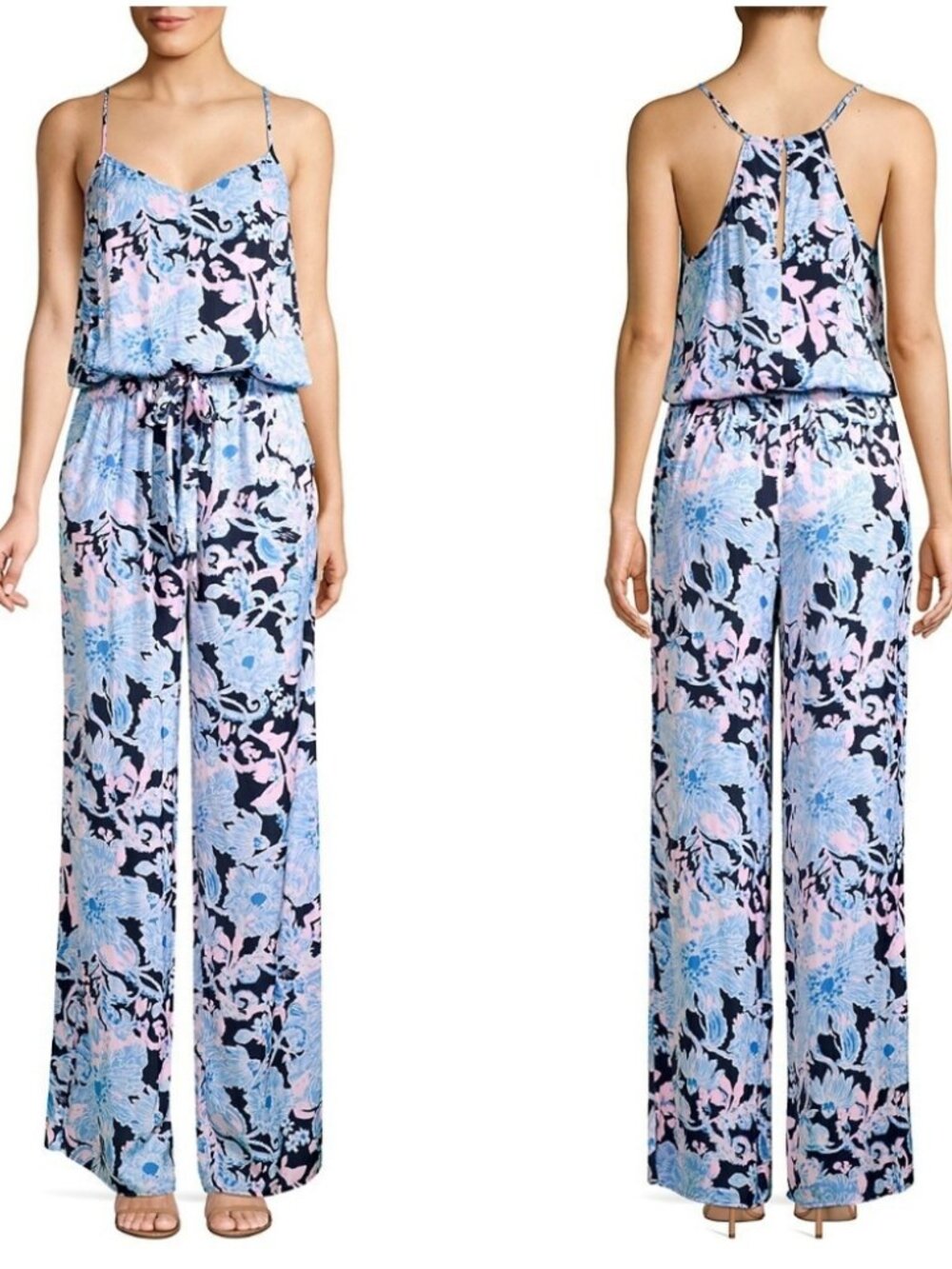 Lilly Pulitzer Amore Please Dusk Jumpsuit Navy Combo Floral Wide Leg Small S
